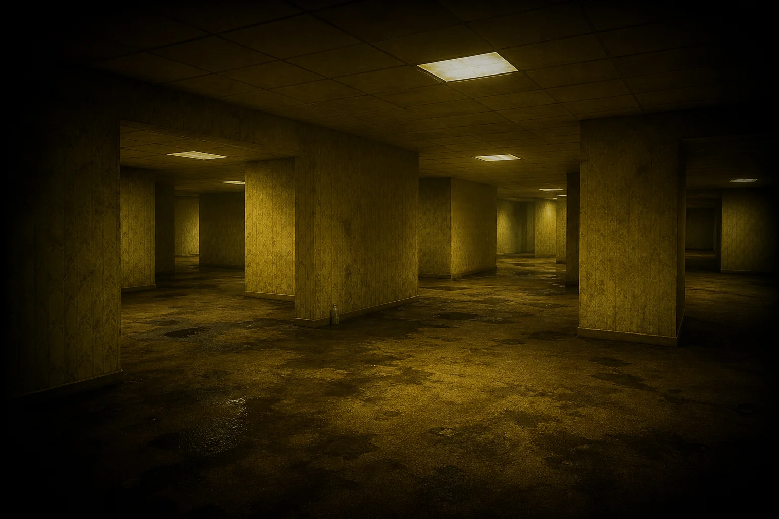 Empty yellow rooms branching beyond sight