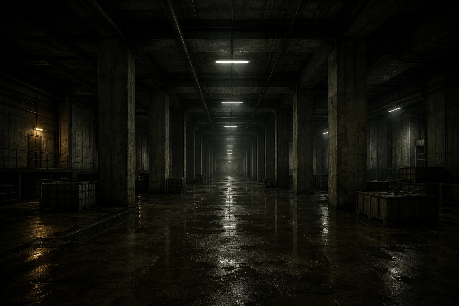 Dark concrete warehouse corridors with storage containers