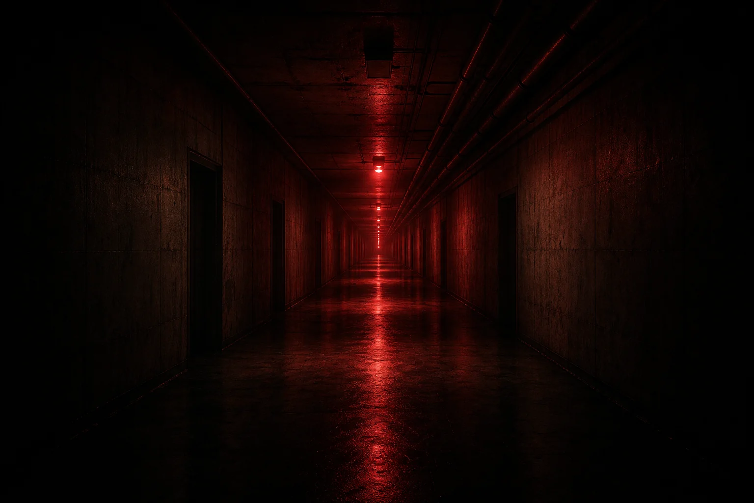 An impossibly long red institutional corridor